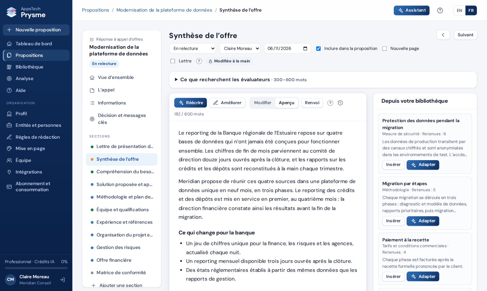 Une section de proposition dans Prysme, avec des suggestions de la bibliothèque